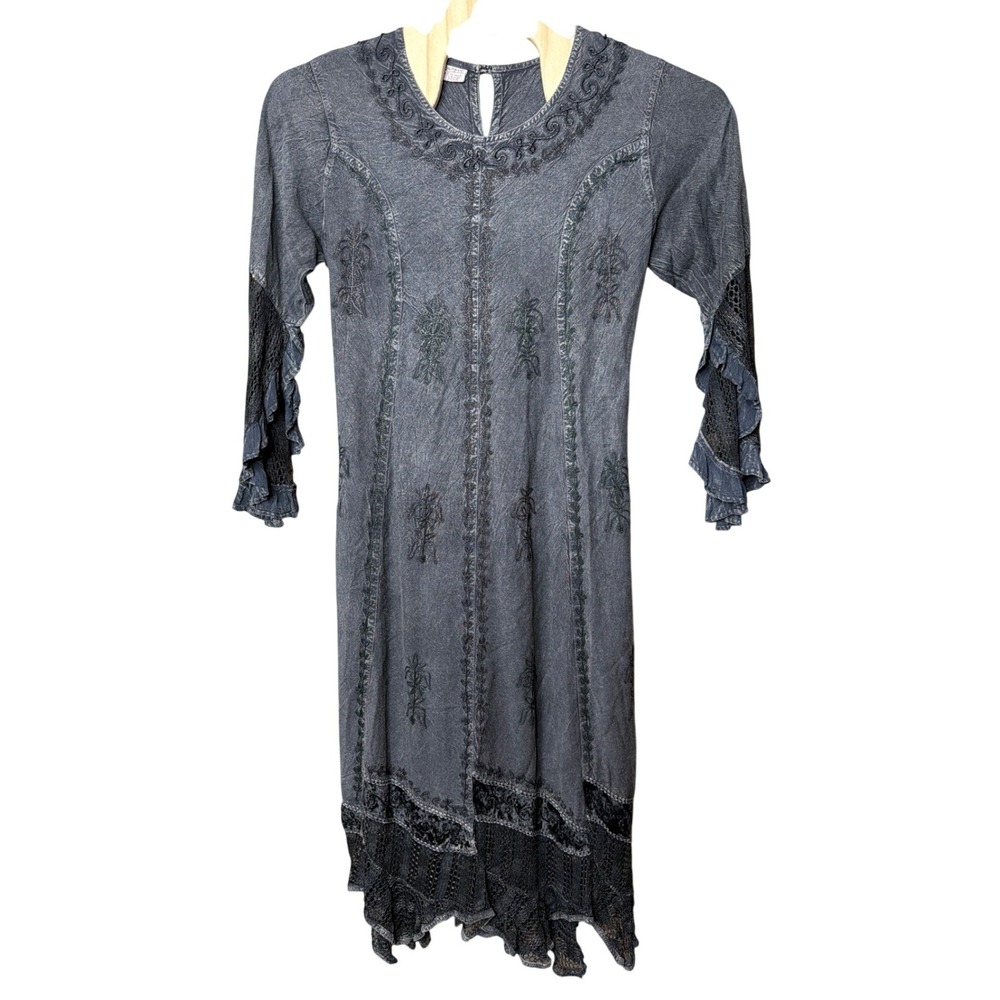 Magic Dress Womens Free Size Embroidered Lace Ruffle Gray Boho India